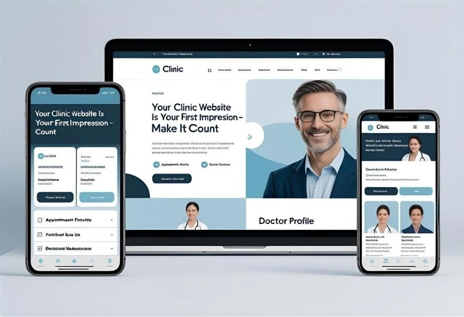 Mobile phone and tablet displaying a modern clinic website design