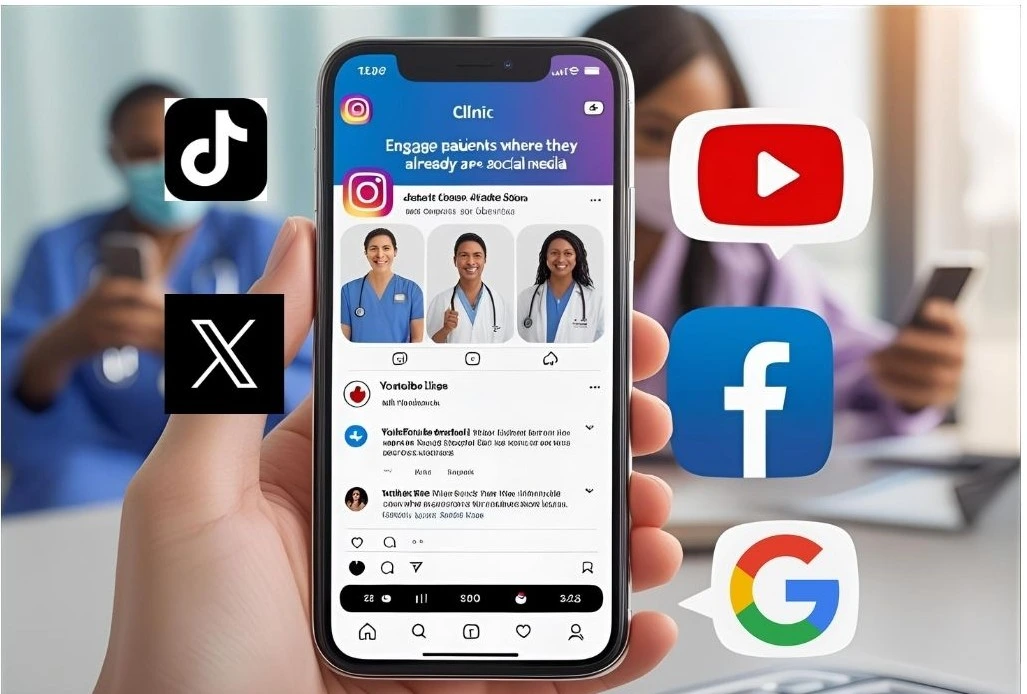 Social media posts from a clinic on Facebook, Instagram, and YouTube