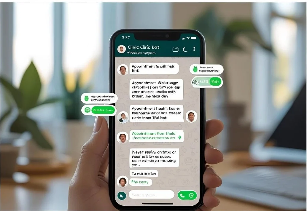 WhatsApp chatbot showing appointment confirmation and patient communication