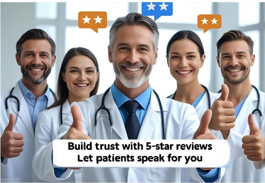 Clinic profile showing 5-star reviews and happy patient testimonials