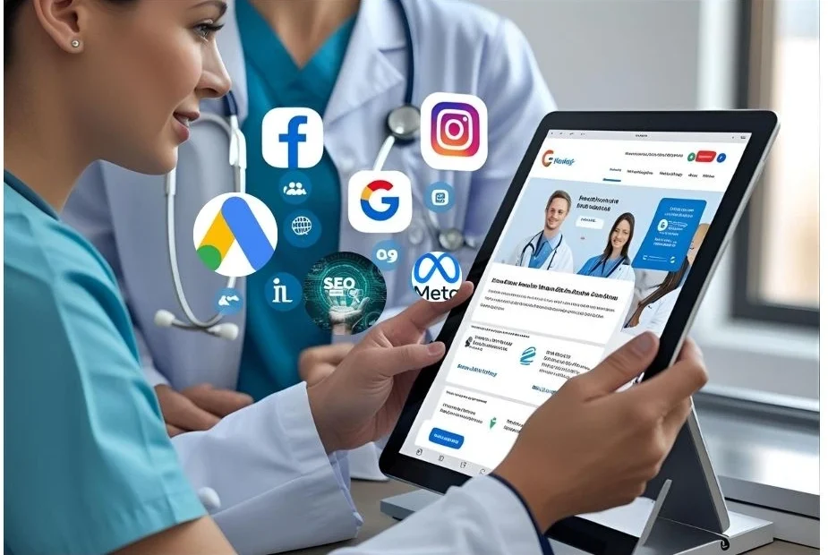 Doctor using HealthCare Marketing tools with social media and SEO icons around — representing clinic digital marketing strategies