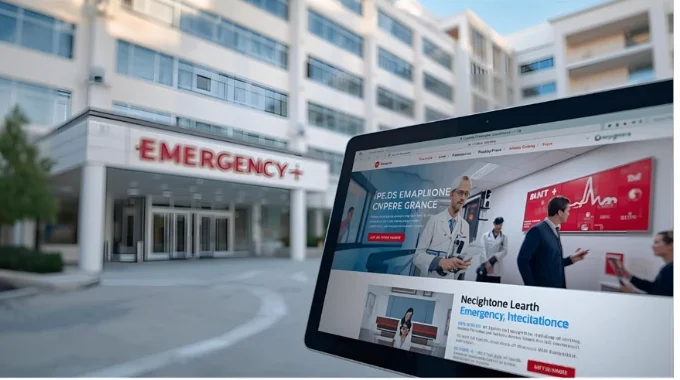Modern hospital building with a tablet displaying an official hospital website homepage.