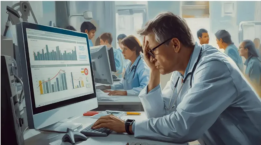 healthcare marketing mistakes. Healthcare professional frustrated at a slow, outdated website with declining patient metrics on a computer screen, representing